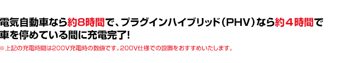 電気自動車なら約8時間で、プラグインハイブリッド（PHV）なら約1.5時間で車を停めている間に充電完了！※上記の充電時間は２００Ｖ充電時の数値です。２００Ｖ仕様での設置をおすすめいたします。